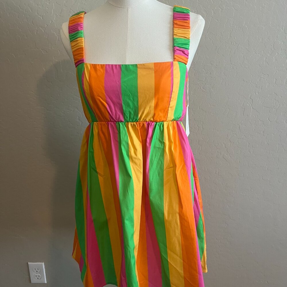 Show Me Your MuMu Neon Pink Green Orange Striped Mini Dress - Picture 14 of 15